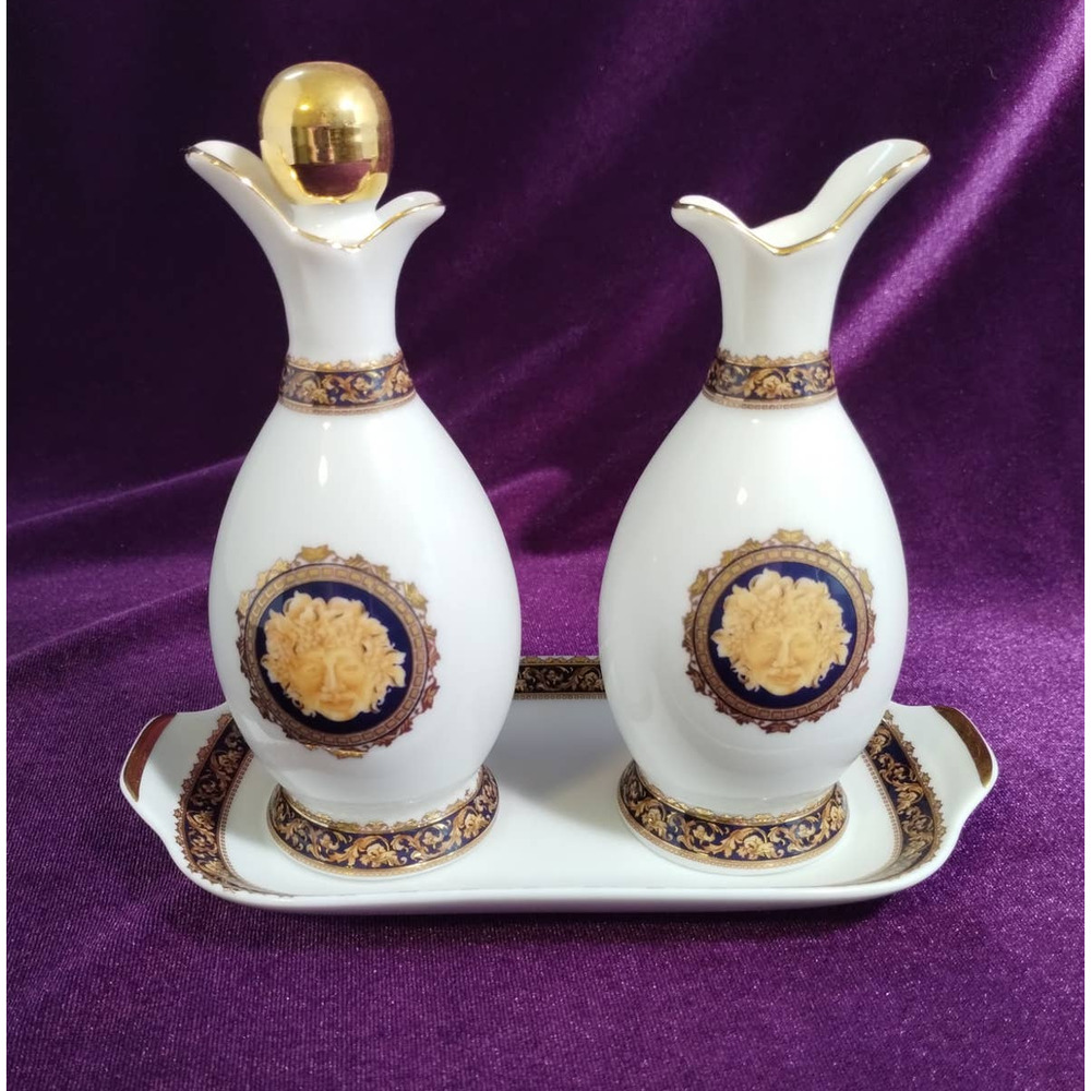 Vintage T. Limoges Oil Cruet Dispenser Tray Set, Bacchus, 1980s